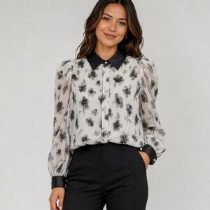 A.Z.I New York Floral Blouse Womens L White Black Faux Leather Trim Rhinestone
